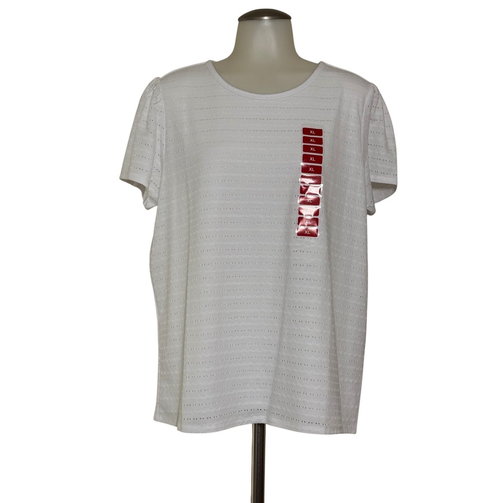Rafaella Short Sleeve Top Women XL White NEW Puff Sleeve Eyelet Textured Stripe